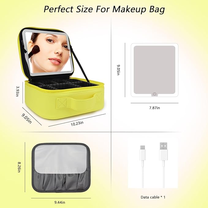 SLUMAZI Travel Makeup Bag with LED Mirror Travel Makeup Organizer with 3 Lighted Settings, Adjustable Dividers and Makeup Brush Storage Bag Yellow