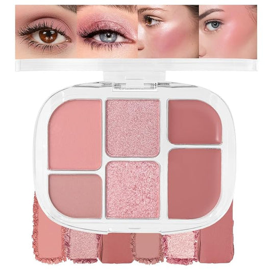 6-in-1 Cream & Powder Makeup Palette – Blush Highlighter & Eyeshadow, Matte & Shimmer Rose Nude Tones, Travel-Friendly Compact for Daily & Travel Use 02