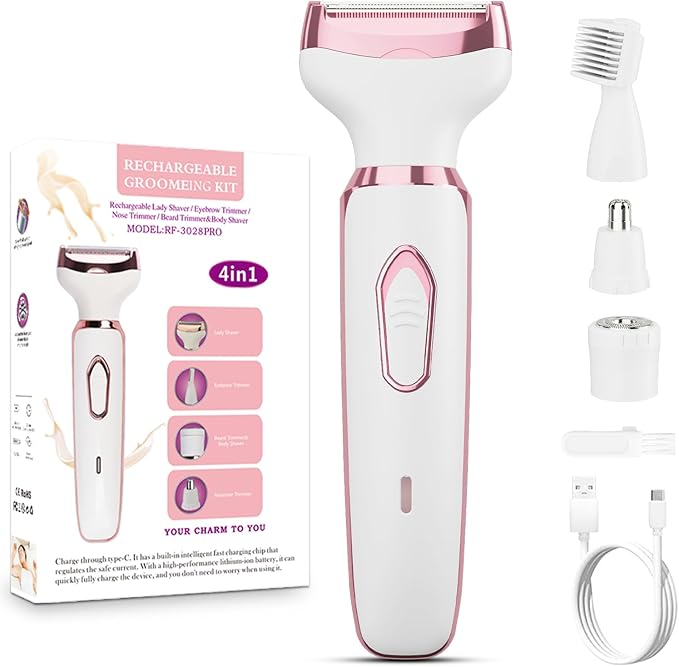 Women's Electric Razor Bikini Trimmer, 4-in-1 Cordless Shaver for Face, Legs, Underarms, Pubic Hair – Wet/Dry Use, Painless Hair Removal