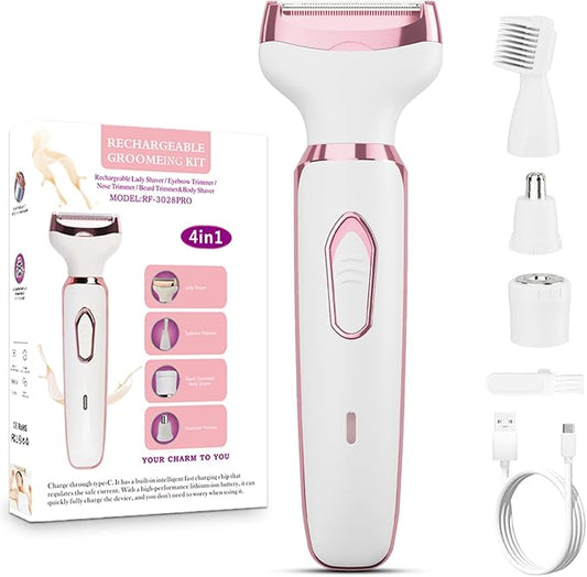 Women's Electric Razor Bikini Trimmer, 4-in-1 Cordless Shaver for Face, Legs, Underarms, Pubic Hair – Wet/Dry Use, Painless Hair Removal