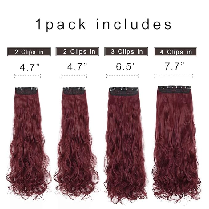 REECHO 24" Long Thick Curly Wavy Clip in on Hair Extensions 4 Pieces Set Burgundy