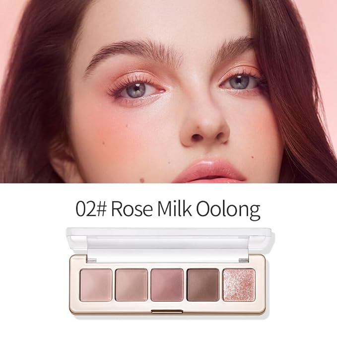 5-Color Neutral Nude Matte & Shimmer Eyeshadow Palette, Rose Cocoa Brown Pink Cool-Tone Mattes & Glitter Eye Shadow Contour Palette for Mature Women, Blue Green Eyes, Daily Natural Makeup