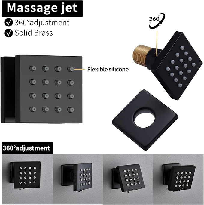 HONGTONGSOWER Bathroom Rainfall Shower System Wall Mount 8 Inch Shower Head With Handled Spray 6 Pcs jets Temperature Display Shower Faucet Set (Matte Black)