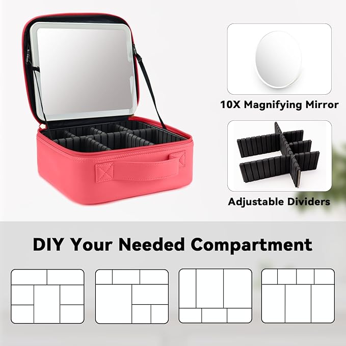 SLUMAZI Travel Makeup Bag with LED Mirror and 10x magnifying glass with 3 Lighted Settings, Adjustable Dividers and Makeup Brush Storage Bag Light Red