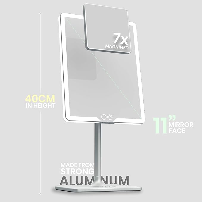LUNA London Orbit LED Vanity Mirror with Lights, 7X/1X Magnification, Dimmable & USB-C Rechargeable Tabletop Mirror - Chalk Grey