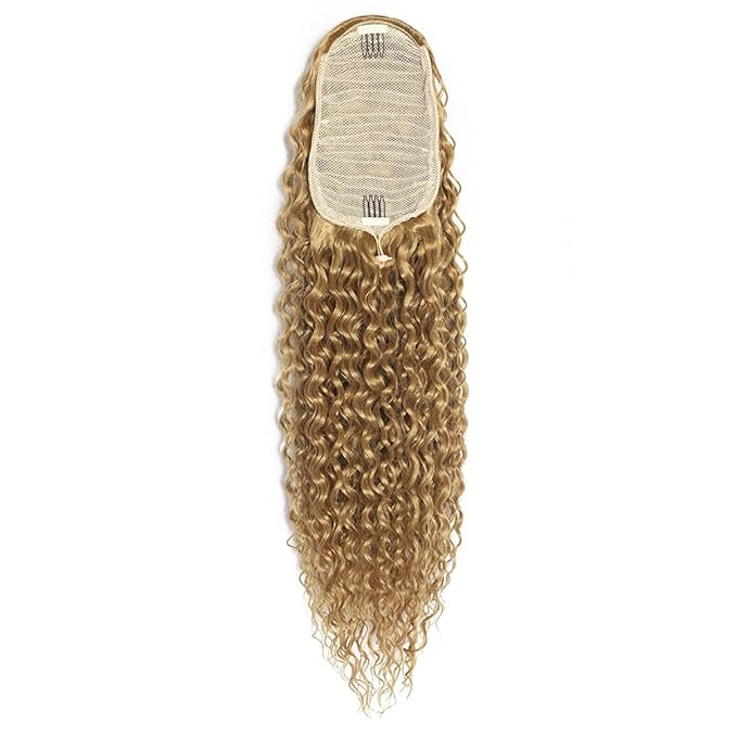 Deep Wave Ponytail Extension for Women 24 Inch Light Brown Curly Wavy Ponytail Hair Extensions Drawstring with Clips Short Synthetic Hairpiece for Daily and Party