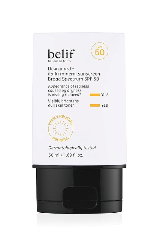belif Dew Guard - Daily Mineral sun SPF 50 Hydrating Niacinamide Sunscreen (1.69 fl. oz) - Daily Broad Spectrum, Reduces Redness, No-White Cast, Non-Greasy, Korean Skincare