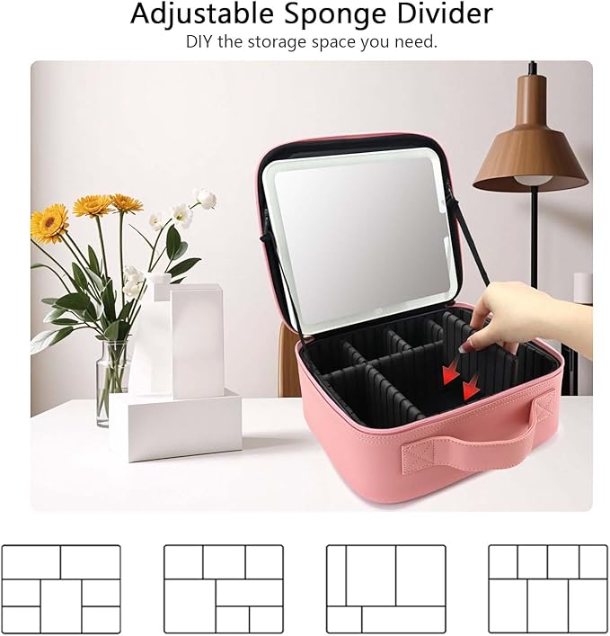 SLUMAZI Travel Makeup Bag with LED Mirror Travel Makeup Organizer with 3 Lighted Settings, Adjustable Dividers and Makeup Brush Storage Bag Pink