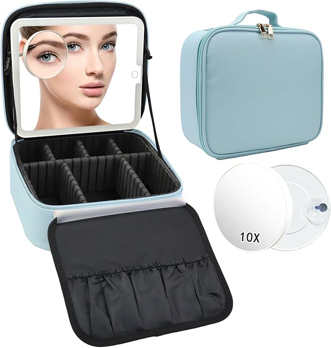 SLUMAZI Travel Makeup Bag with LED Mirror and 10x magnifying glass with 3 Lighted Settings, Adjustable Dividers and Makeup Brush Storage Bag Light Blue