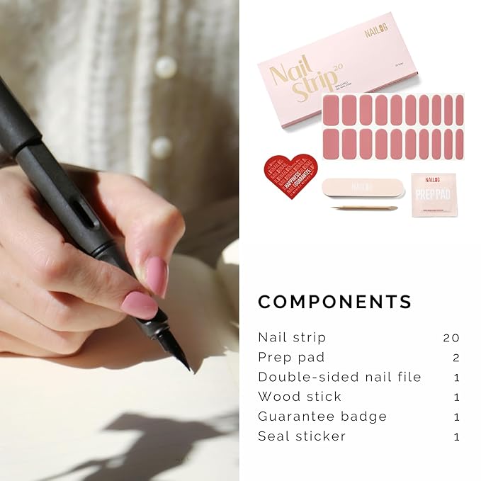 NAILOG Semi Cured Gel Nail Strips, 20 Pcs Pink Long Lasting Stickers Extra Long Nail Wraps with Glossy Gel Finishing for Spring Summer, Roselyn