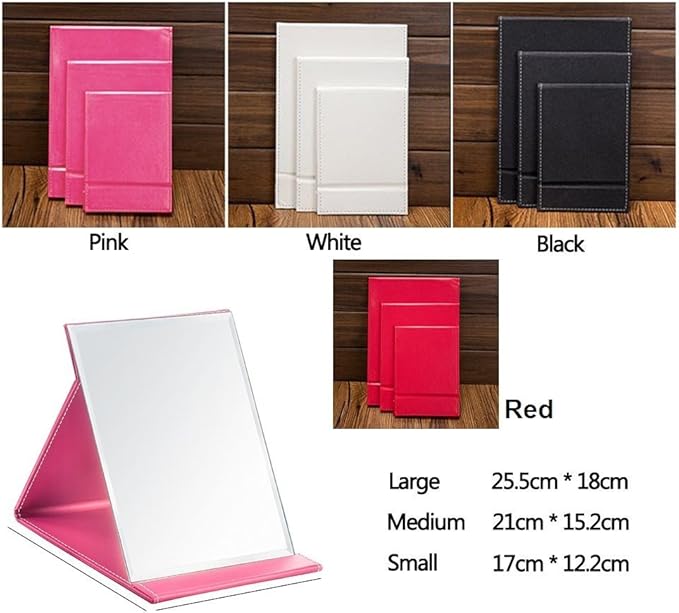 Protable PU Leather Mirror Folding Desktop Makeup Mirror with Adjustable Stand for Personal Use,Travelling (S, Red)
