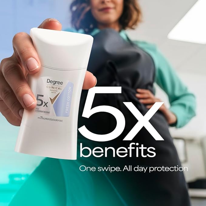 Degree Clinical Strength Antiperspirant Deodorant 96-Hour Sweat and Odor Protection Fresh Cotton Invisible Solid 5x Types of Sweat 1.6 oz