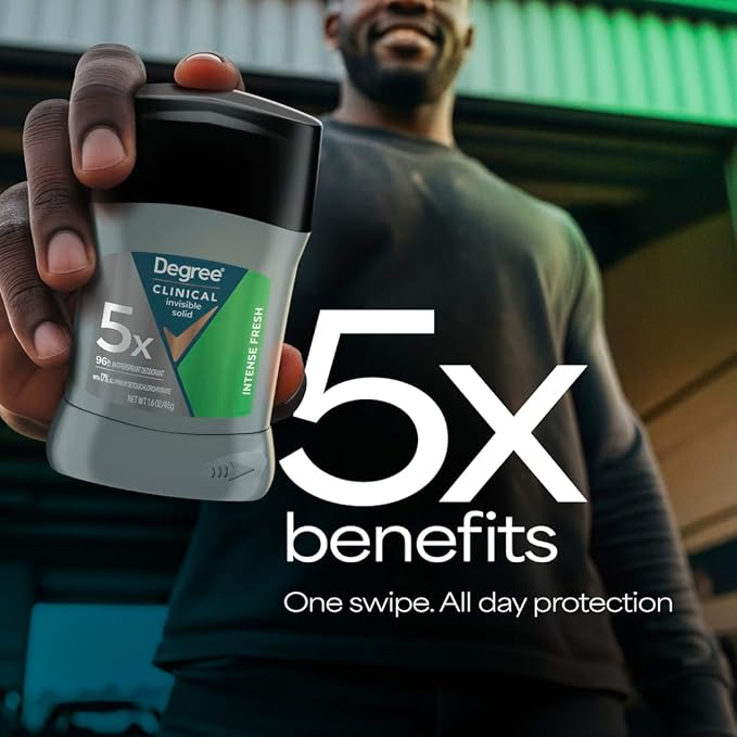 Degree Clinical Strength Antiperspirant Deodorant for Men 96-Hour Sweat and Odor Protection Intense Fresh Invisible Solid 5x Types of Sweat