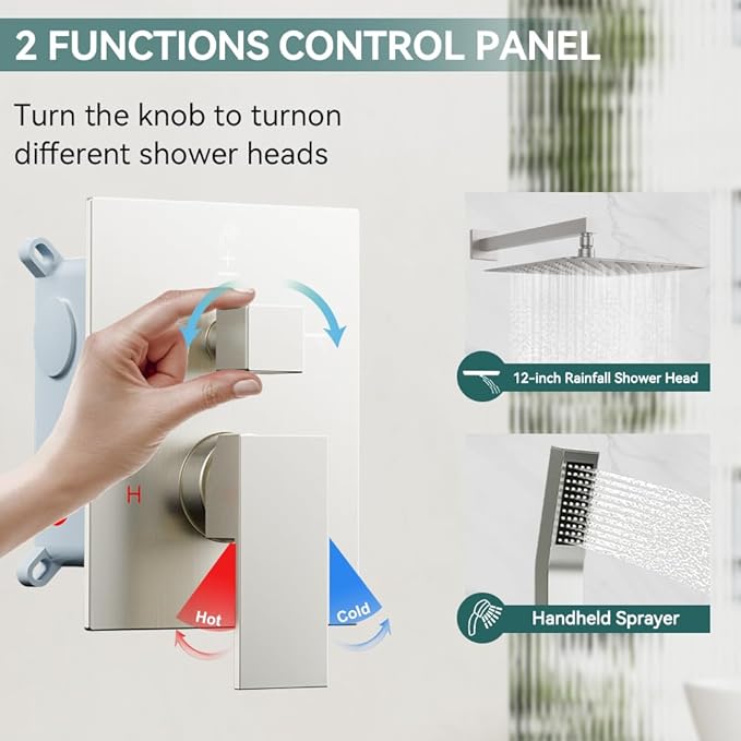 Rain Shower System Brushed Nickel, Starbath 12“ Rainfall Shower Head with Handheld Spray Complete Wall Mounted Rainfall Shower Faucet Set,2 Way Pressure Balance Shower Valve and Trim Kit Included