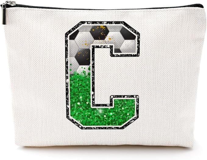 CQM Soccer Gifts Initial Makeup Bag Monogrammed Cosmetic Bag Letter C Zipper Pouch Soccer Accessories for Girls Women Player Coaches Friend Graduation Birthday Gifts