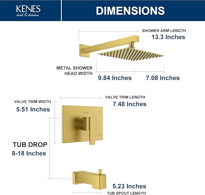 KENES Brushed Gold Tub and Shower Trim Kit, Square Tub Shower Faucet Set Complete with 10-Inch Rainfall Shower Head and Tub Spout, KE-6024A-4 (Shower Valve Included)