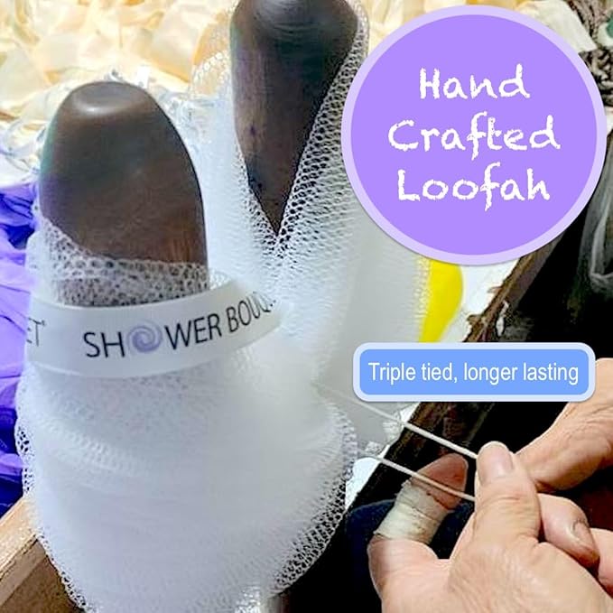 SHOWER BOUQUET Loofah Bath-Sponge XL Swirl-Deep-4-Pack // Extra Large 75g Soft Mesh Net Luffa Loofa Loufa Lufa Puff Set/Exfoliating Body Scrubber for Women and Men - Exfoliate & Soothe Face & Body