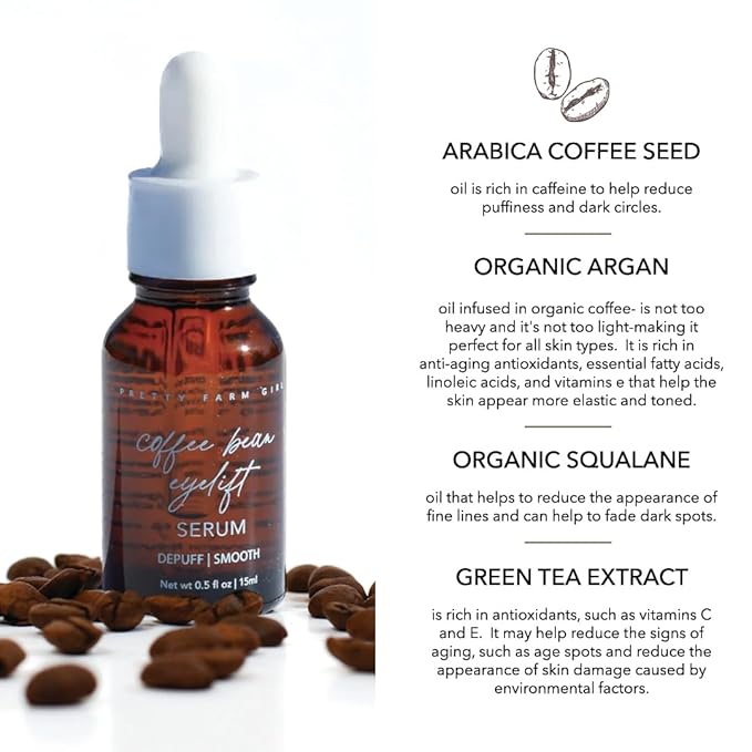 Pretty Farm Girl Coffee Bean Eye Serum – Depuffing & Smoothing Formula with Organic Extract – Lightweight Hydrating Dropper Serum for Dark Circles & All Skin Types - 0.5 oz
