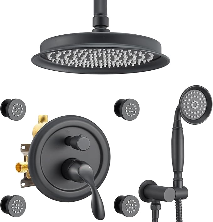 DASAN Antique Shower Faucet Sets Complete Rain Shower System in Wall with Body Shower Spray Jets, Matte Black Shower Fixtures with Rainfall Overhead Shower, Handheld, Shower Valve &Trim, AT249C-MB