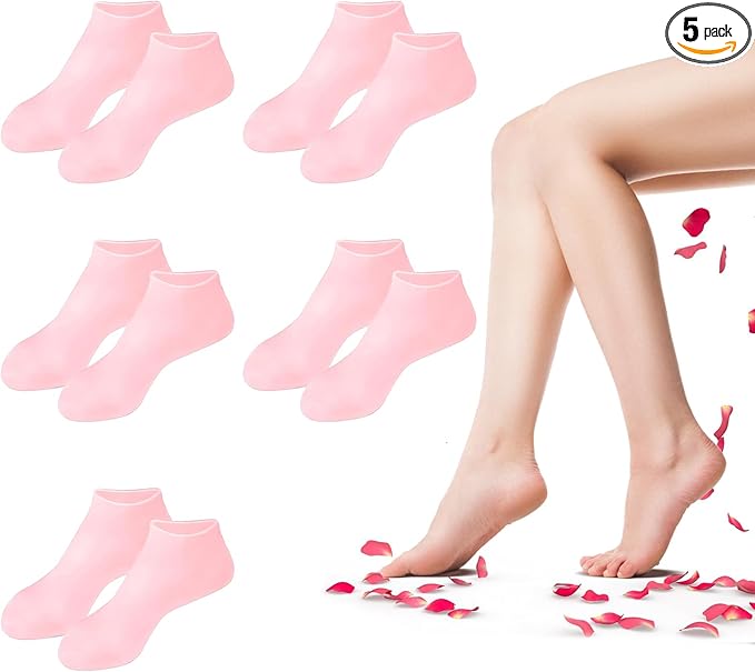 5 Pairs Silicone Socks for Dry Cracked Feet, Women's Moisturizing Foot Socks (Pink, Fits Up to Size 9)