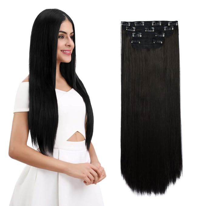 REECHO 16" Straight Short 4 PCS Set Thick Clip in on Hair Extensions Black Brown