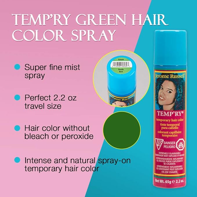 Jerome Russell Green Intense Spray-On Hair Color - Fast-Drying, Non-Sticky, Travel Size Vivid Hair Dye, 2.2 oz