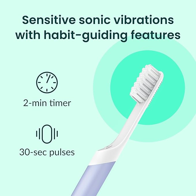 Quip Sonic Electric Toothbrush for Adults - Time Travel & Soft Bristles with Travel Case & Replacement Brush Head - 3 Month Battery Life, Plastic Handle - Lavender