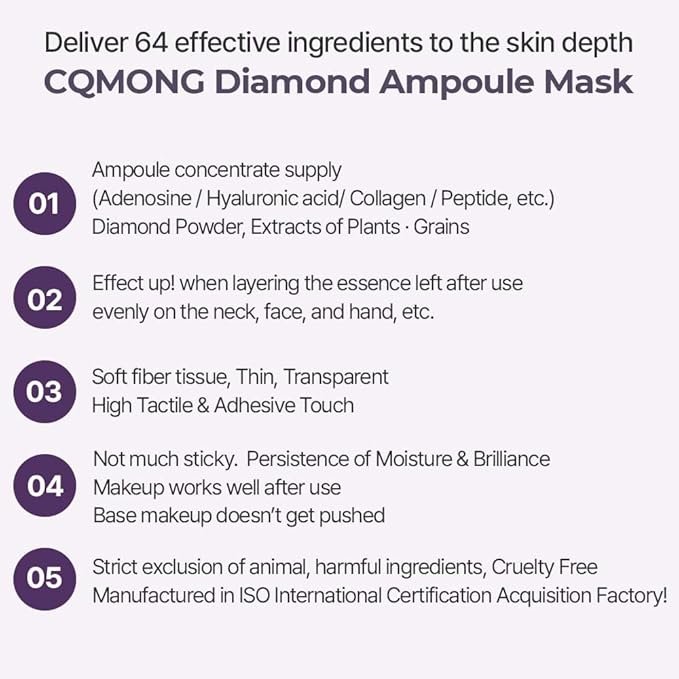 CQMONG Diamond Ampoule Sheet Mask (30g x 10pcs), Korean Face Facial Masks, Glossy & Elastic Skin, Hydrating, Soothing, Nourishing, Collagen & Hyaluronic Acid, Smooth Sheet