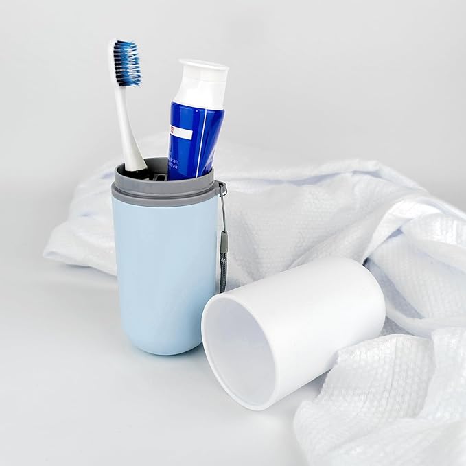 Travel Toothbrush Holder,Portable Toothbrush Holders for Couples,Multifuction Toothbrushes Toothpaste Set for Traveling, Camping, Business Trip and School (1, Blue/White)