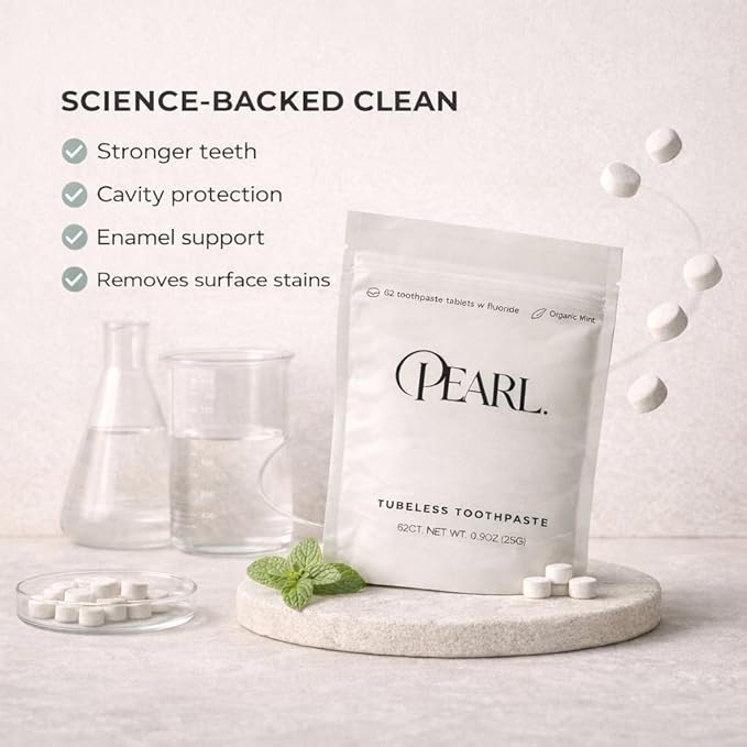 Pearl Fluoride Mint Toothpaste Tablets | Dentist Designed | Natural Whitening | Sensitivity Relief | TSA Approved | Plastic-Free | Reusable Packaging (186 Tablets)