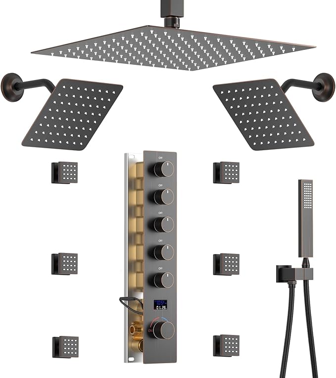 WHSHOWER 12"+8"+8" Triple Shower Heads Shower System Oil Rubbed Bronze Body Jets Shower Set with Handheld Sprayer and Temperature Display Valve,Full Body Shower System
