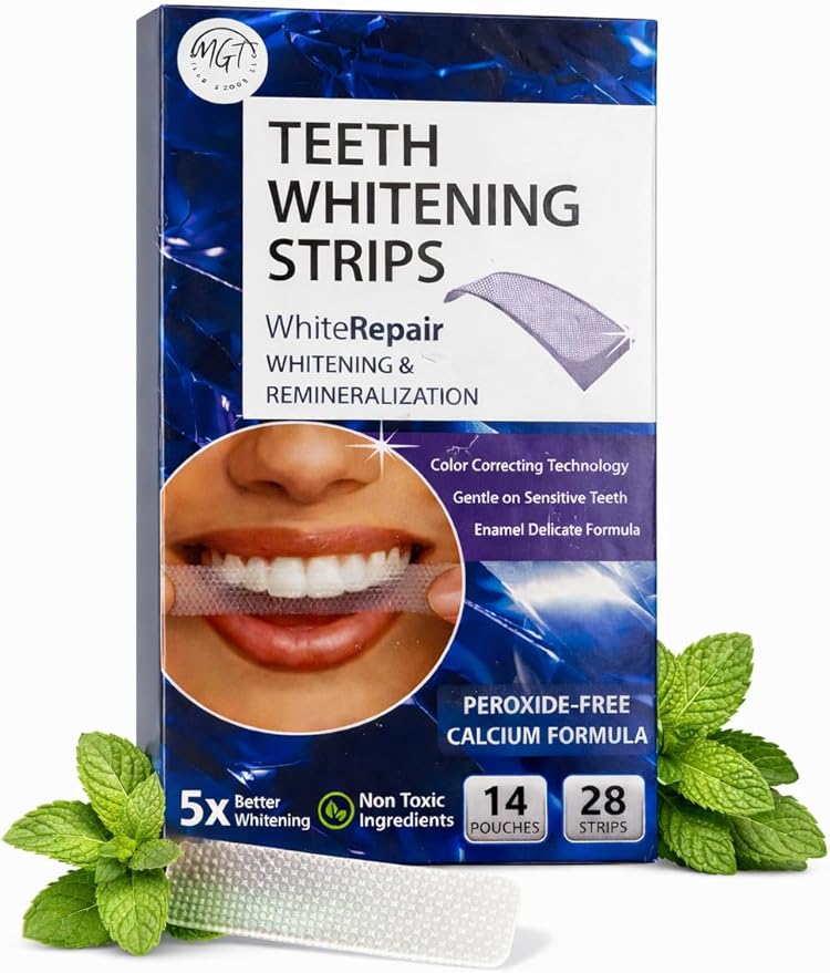 Teeth Whitening Strips, Mint Flavor Inspired, Comfort Fit Adhesive, Fresh Taste, 28 Strips in 14 Sealed Pouches, at Home Smile Brightening Routine