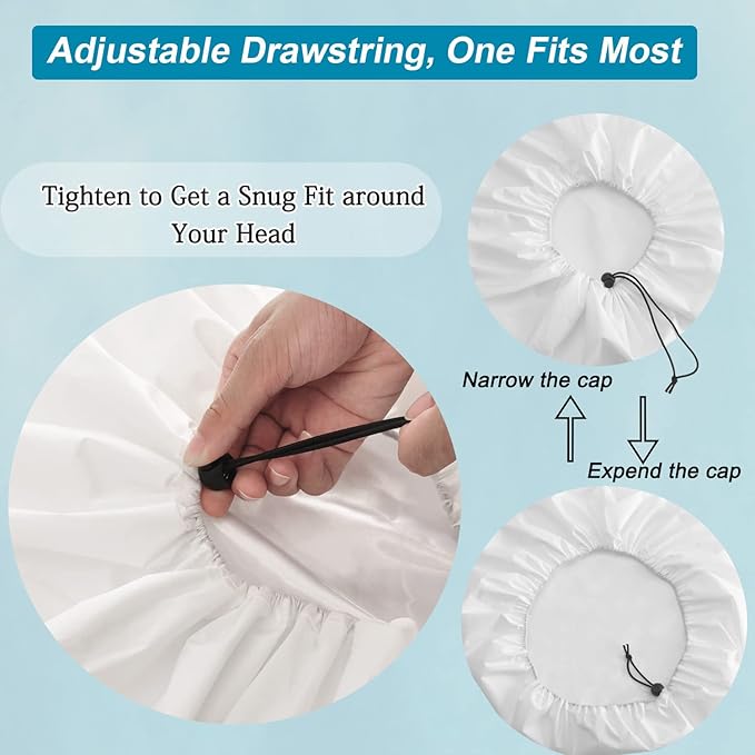 3 Pcs Extra Large Shower Caps for Women, Waterproof Adjustable XL Jumbo Satin Lined Shower Cap for Long Hair & Braids, Reusable Double Layer Large Bath Cap for Dreadlocks, Locs (White)