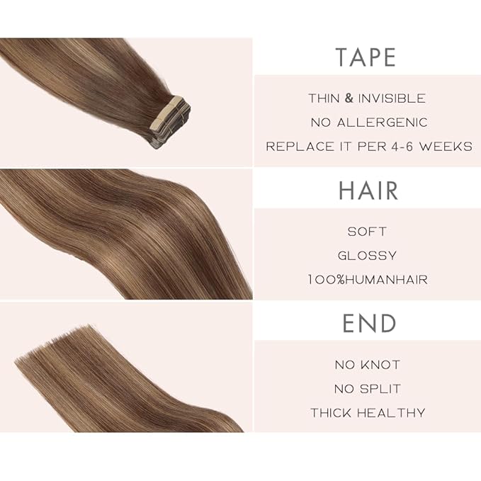 Tape in Hair Extensions Human Hair 20pcs Remy Hair Extensions Real Human Hair 18 Inch Chocolate Brown Mixed Honey Blonde Straight Invisible Human Hair Tape in Extensions for Women (4/4/27#,18 Inch)