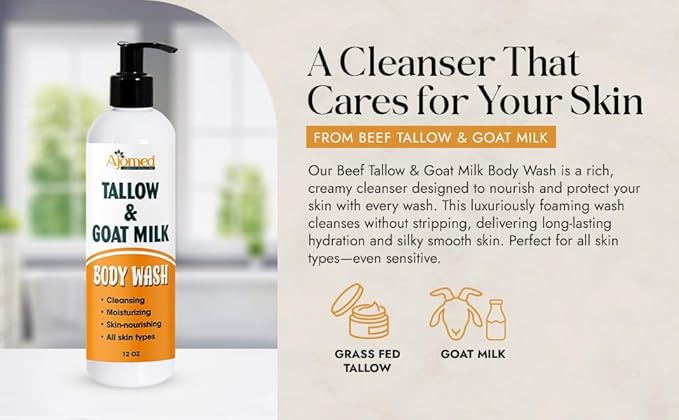 AJOMED COSMETICS Tallow & Goat Milk Body Wash, handmede body soap Moisturizing and Cleansing for All Skin Types 12 oz (Regular)