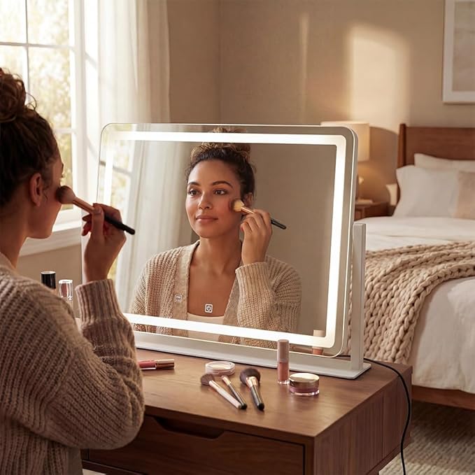 Vanity Mirror with Lights, 22''x17'' Lighted Makeup Mirror, LED Makeup Mirror, Smart Touch with 3-Color Lighting Modes, Dimmable, for Bedroom Tabletop - White