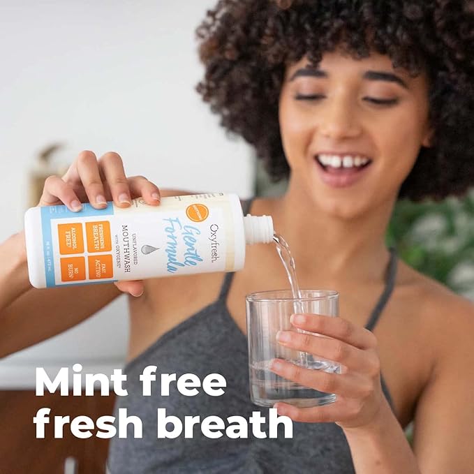 Oxyfresh Gentle Formula Unflavored Mouthwash for Adults – Ultra Sensitive Gums & Teeth – Non Mint, Zero Alcohol, Flavor Free – Fresh Breath. 16 oz (Pack of 2)