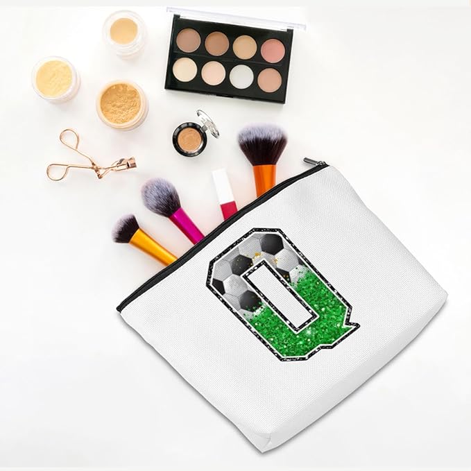 CQM Soccer Gifts Initial Makeup Bag Monogrammed Cosmetic Bag Letter Q Zipper Pouch Soccer Accessories for Girls Women Player Coaches Friend Stuff Graduation Birthday Gifts