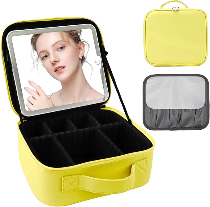 SUILU Travel Makeup Bag with LED Mirror and Light Travel Makeup Case Cosmetic Organizer Portable Cosmetic Brush Organizer Bag with Adjustable Dividers for Cosmetics Makeup Brushes Toiletry (Yellow)