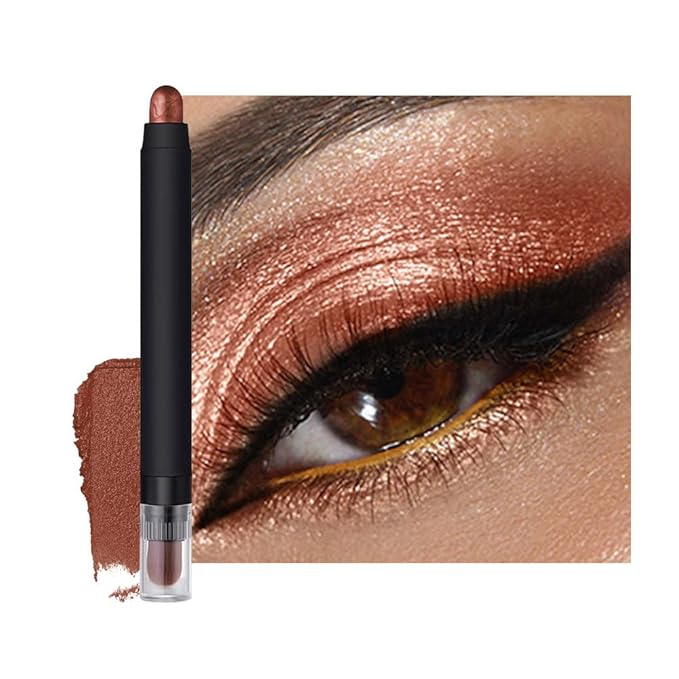 Shimmer Eyeshadow Stick –Warm Amber Dual-Ended Creamy Pearl Eye Shadow Pencil with Built-In Smudger, Waterproof Long-Lasting High Pigment Eye Makeup for Smooth Glide 05#