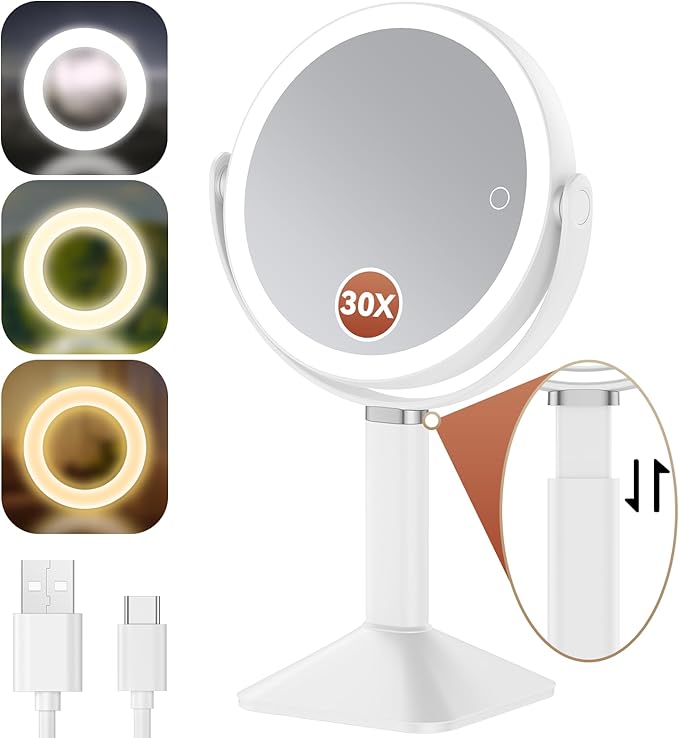 Lighted Makeup Mirror with Lights and Magnification 30X/1X, Height Adjustable 30X Magnifying Vanity Mirror with 4000mAh Battery & 3 Colors Dimming Light for Desktop Bathroom Bedroom (White)