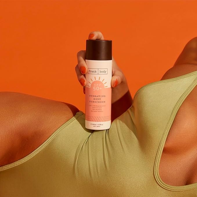 Frank Body SPF50+ Hydrating Body + Facial Sunscreen | Vegan & Cruelty- Free | UVA & UVB Broad Spectrum Sunscreen | Oxybenzone- Free | Hyaluronic Acid, Vitamin E & Aloe Vera (4.73 fl oz/ 140mL)