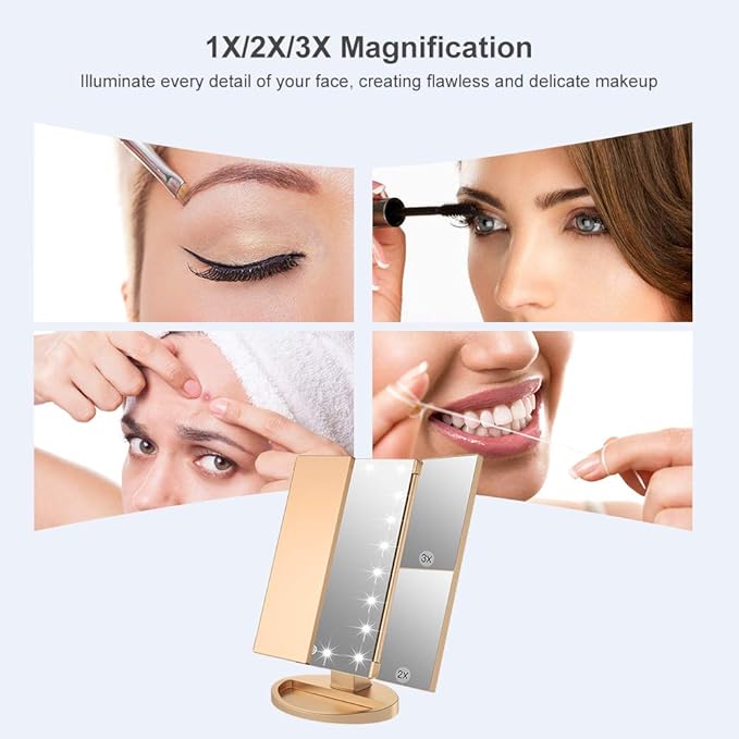 WEILY Makeup Mirror with 21 LED Lights,Two Power Supply Modes, Adjustable Touch Screen and 1x/2x/3x Magnification Tri-Fold Vanity Mirror,Chargeable Travel Cosmetic Mirror for Desktop(Gold)