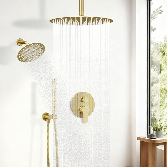 Shower Systems Shower Faucet Sets STARBATH 3 Way 12+6" Round Dual Rainfall Shower Head with Handheld Spray Combo, Ceiling Mounted Rain Shower Valve with 5 Diverter and Trim Kit Complete, Brushed Gold