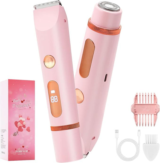 2 in 1 Women Electric Shaver Dual Head Bikini Trimmer for Women IPX7 Waterproof Wet & Dry Use Body Hair Trimmer and Facial Hair Remover for Bikini Underarm Leg Arm Body Face