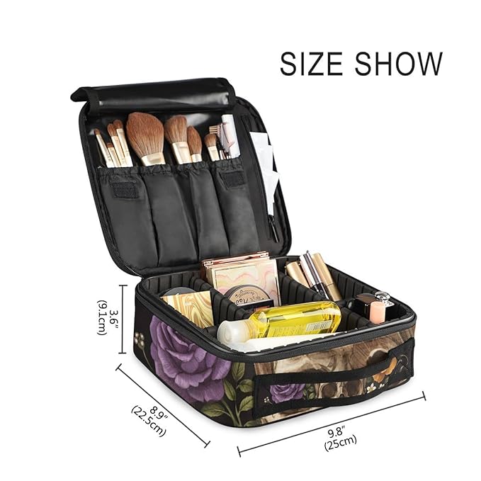 ALAZA Travel Makeup Case, Day of The Dead Skull Rose Humming Bird Dia Muertos Cosmetic toiletry Travel bag for Women Girls