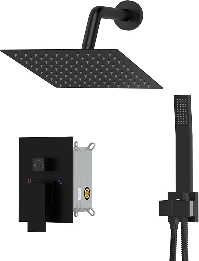 Dcolora Rainfall Shower System with Handheld, Matte Black Shower Faucet Set for Bathroom, Brass Valve, 304 Stainless Steel, Anti-Scald cUPC Certified (Matte Black, 8 Inch)