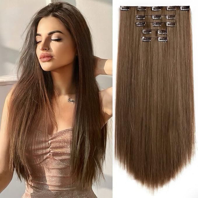 Brown Clip in Hair Extensions Straight Invisible 22" Long Synthetic Thick Clips on Hairpieces for Women 5PCS Black Curly Wavy 18" Girls Blonde Red White Natural Full Head Party Daily Use 5 Oz