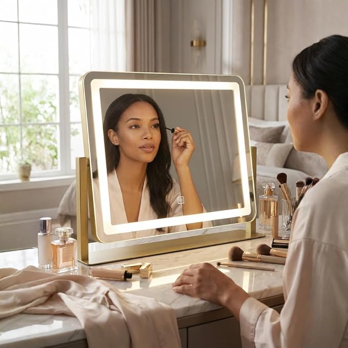 Vanity Mirror with Lights, 22''x17'' Lighted Makeup Mirror, LED Makeup Mirror, Dimmable, Smart Touch with 3-Color Lighting Modes, for Bedroom Tabletop - Gold
