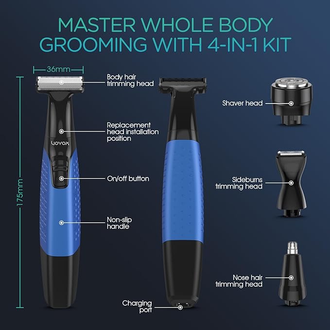 VOYOR Beard Trimmer for Men Electric Razor, Nose Face Body Hair Trimmer with Adjustable Length Combs All in 1 Rechargeable Mens Grooming Kit Cordless Electric Shaver Wet/Dry TX510 (Blue)